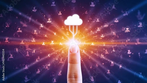 A stylized electric synapse fingertip glowing cloud icon, branching thousands of light beams diverse floating avatars, seamless live-action VFX, warm inviting tones photo