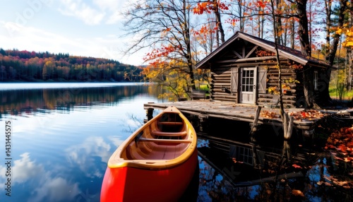 Obraz na płótnie Autumn Canoeing Adventure at Tranquil Lake Cabin Serene Nature Scene Vibrant Environment Scenic View w salonie