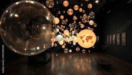Artistic Exhibition of Illuminated Globes Modern Gallery Photography Indoor Abstract Concept