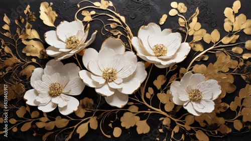  a dominant black and gold color scheme, featuring intricate white floral patterns against a textured background.