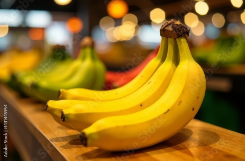 Fresh food on the counter. Market. Shop. Fruit sale. Bananas.