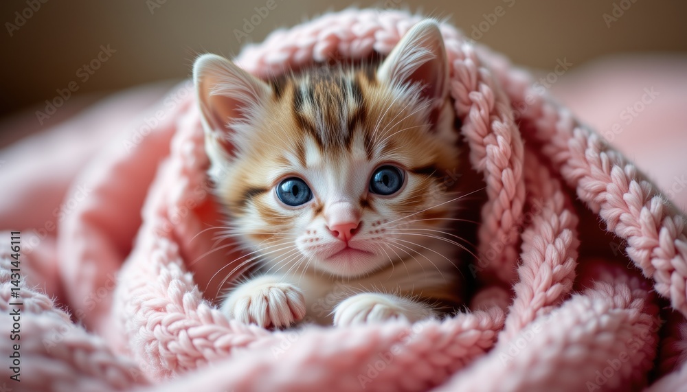 Playful Kitten Snuggled in Pink Blanket Cozy Home Pet Photography Indoor Close-Up Cuteness Overload