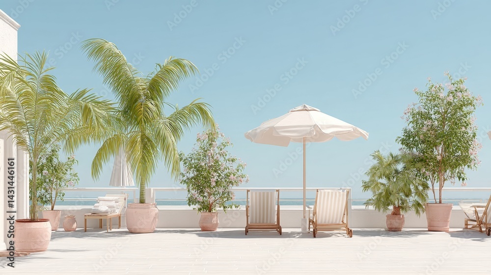 Fototapeta premium Luxurious Coastal Terrace with Palm Trees, Wicker Furniture, and Stunning Ocean View for Relaxation and Vacation.