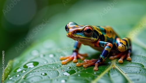 Obraz na płótnie Colorful Frog on Leaf Rainforest Wildlife Photography Natural Habitat Close-Up View Vibrant Nature Scene w salonie