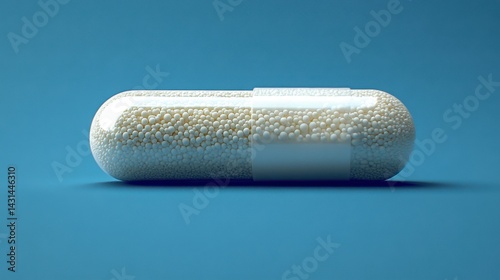 Close-up view of a white capsule filled with small beads on a blue background