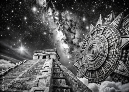 Black and White Mayan Space Exploration Illustration:  Ancient Astronaut Art