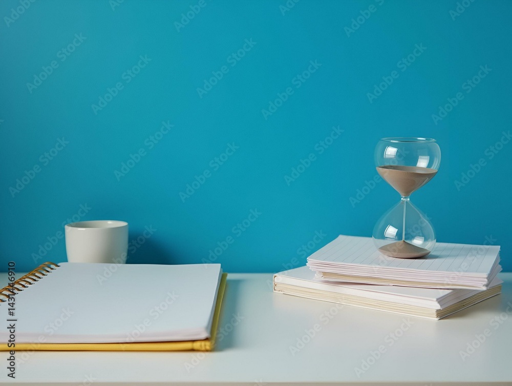 Workplace with notebook and hourglass near blue wall