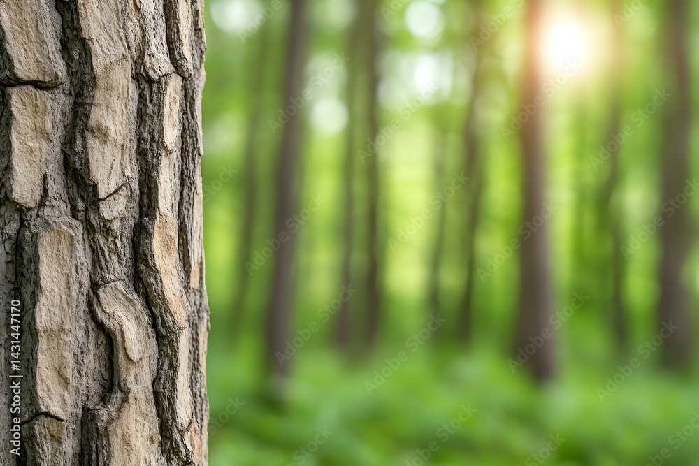 Close-up of tree bark with a blurred forest background in the sunlight Close-up of tree bark with a blurred forest background in the sunlight