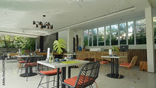 interior of restaurant. interior of cafe. The interior of the establishment is presented here, along with an image of the cafeteria located within the premises of the park and a photograph of the path