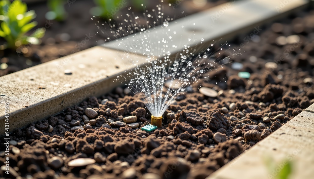 Irrigation Action Sprinkler Watering Plants Garden Photography Close-up Vibrant Environment