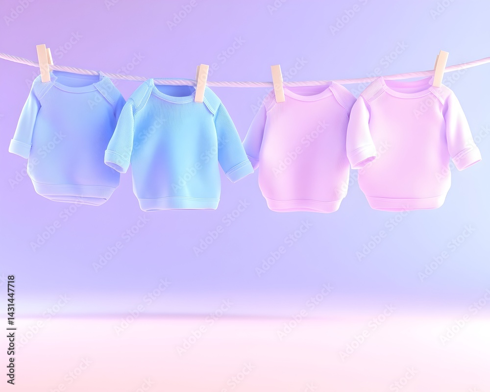 Four miniature baby onesies, two blue and two pink, hanging on a clothesline against a purple background Four miniature baby onesies, two blue and two pink, hanging on a clothesline against a purple background