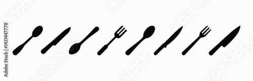 cutlery - fork, knife, spoon, teaspoon silhouette shape, set of black and white vector illustration, white background	
