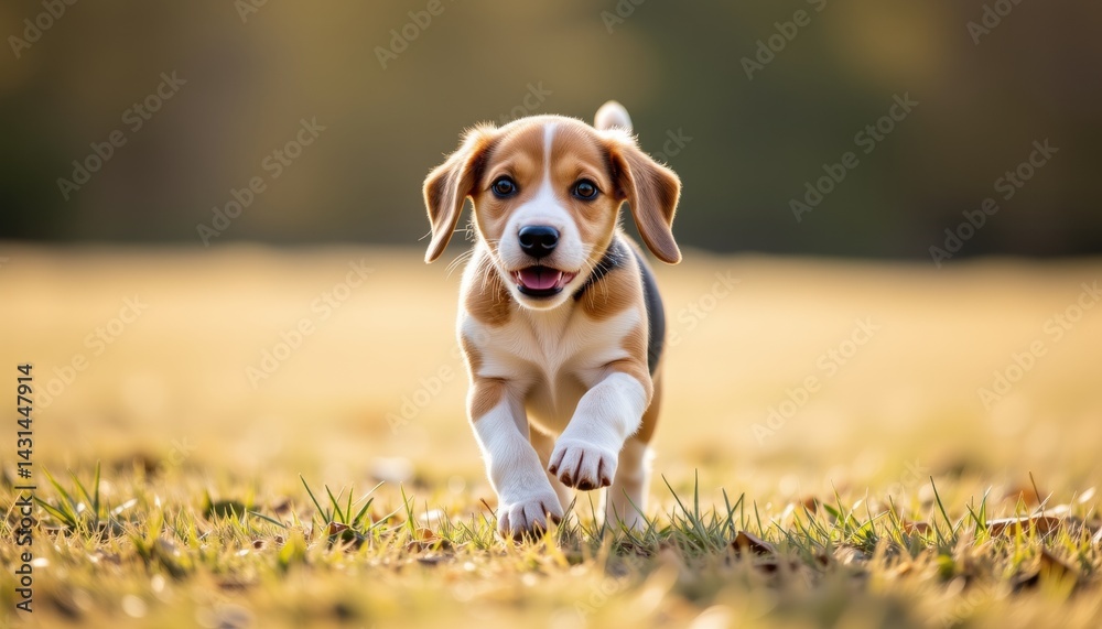Playful Beagle Puppy Running in Sunlit Field Outdoor Photography Nature Joyful Atmosphere