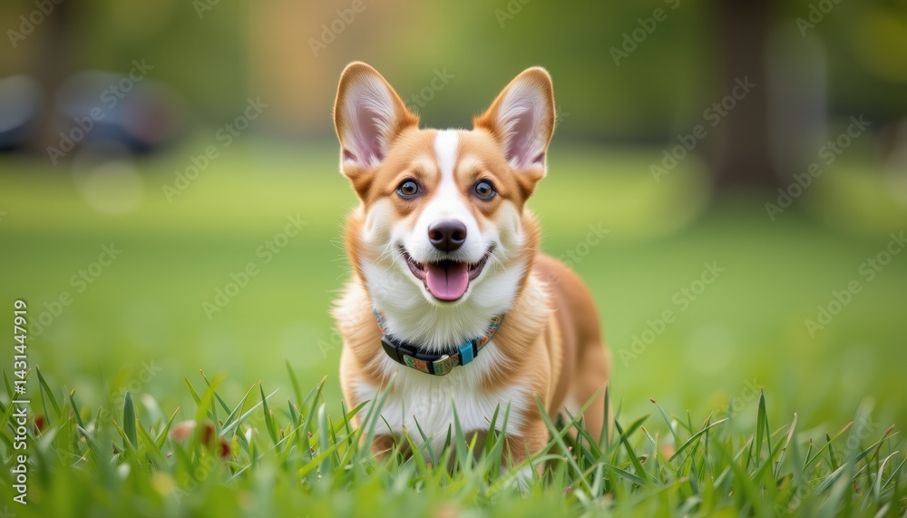 Playful Corgi Dog Running on Green Grass in a Park Joyful Moment Captured Outdoors Sunny Day