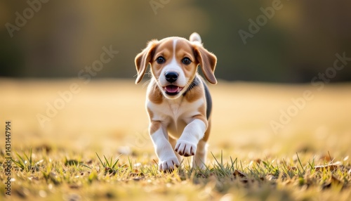 Obraz na płótnie Playful Beagle Puppy Running in Sunlit Field Outdoor Photography Nature Joyful Atmosphere w salonie