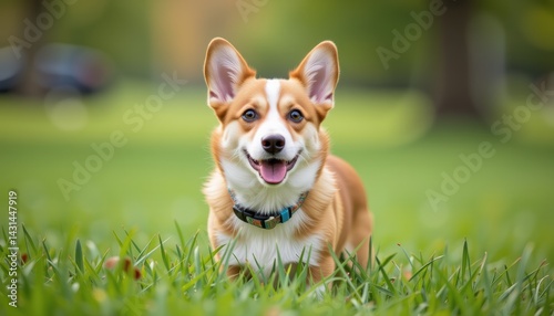 Obraz na płótnie Playful Corgi Dog Running on Green Grass in a Park Joyful Moment Captured Outdoors Sunny Day w salonie