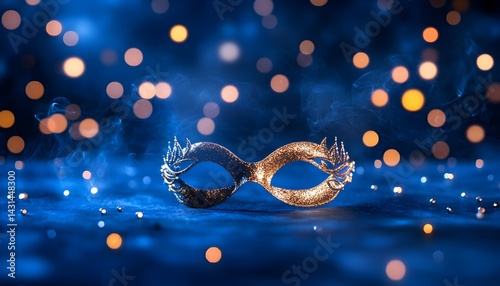 Golden masquerade mask with bokeh lights and smoke