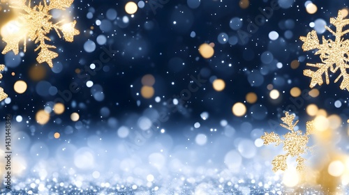 Golden snowflakes on a blue glitter background
