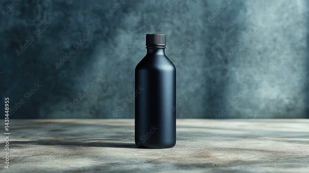 Sleek Black Bottle on Textured Surface, Studio Shot for Product Mockup Sleek Black Bottle on Textured Surface, Studio Shot for Product Mockup