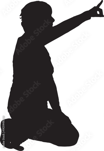 vector; silhouette of woman on knees pointing up on white background