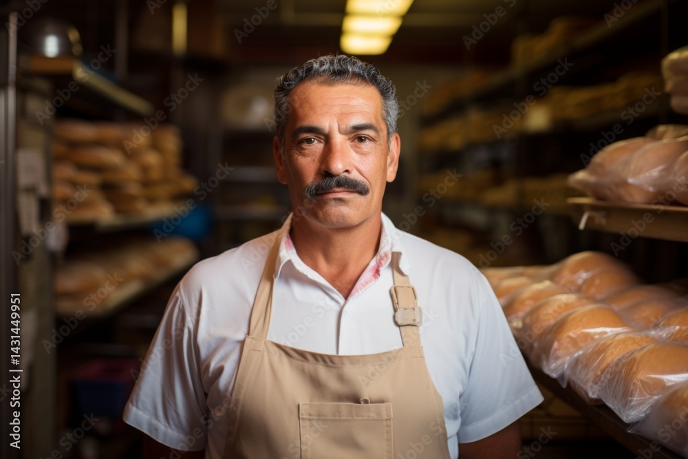 Portrait of a middle aged Hispanic worker in bakery Portrait of a middle aged Hispanic worker in bakery