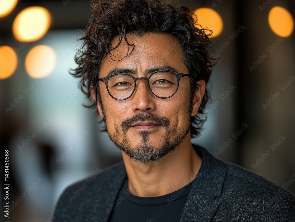 Confident businessman with glasses smiling in a modern office setting Confident businessman with glasses smiling in a modern office setting