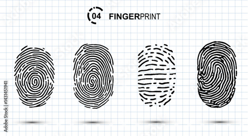 Biometric data design. Security system based on thumb lines. Black fingerprint scan icons in 4 different sizes. Vector illustration.