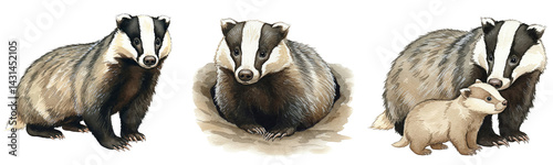 European badgers standing, resting and walking with cub, watercolour clipart illustration collection isolated on a transparent background