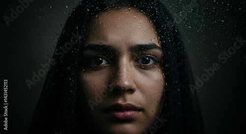 woman behind wet glass