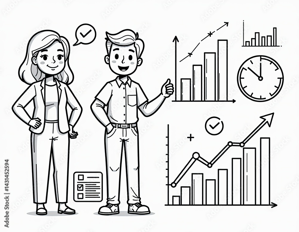 Successful Business Team Collaboration Hand-drawn Illustration of a Man and Woman Celebrating Growth Charts Successful Business Team Collaboration Hand-drawn Illustration of a Man and Woman Celebrating Growth Charts