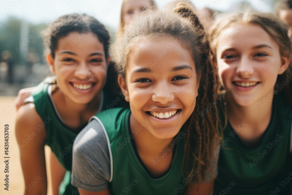 Portrait of a young female basketball players smiling and posing for a team photo on the basketball court Portrait of a young female basketball players smiling and posing for a team photo on the basketball court