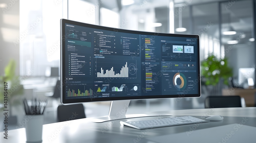 A modern office workspace with a large curved monitor displaying various business dashboards and charts. A modern office workspace with a large curved monitor displaying various business dashboards and charts.