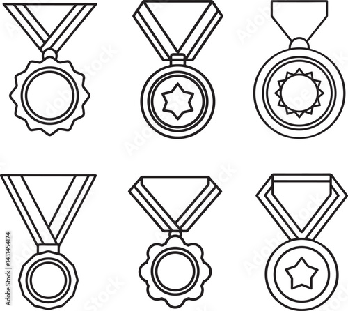 set of medal line art, black outline, vector and illustration, coloring book page line art drawing
