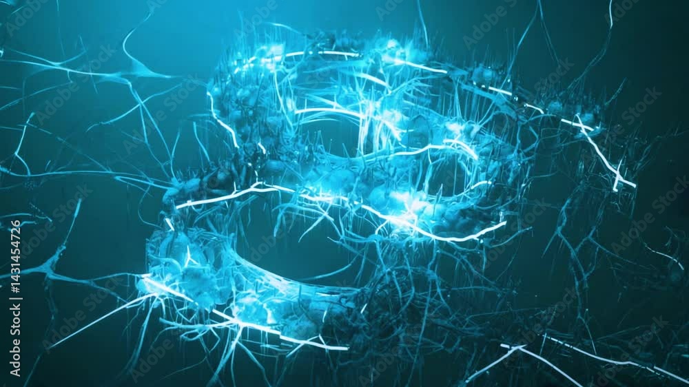 A neon-red number glitches inside a cybernetic core, with particles exploding into razor-thin wireframe lines. CRT screen artifacts and data corruption transitions