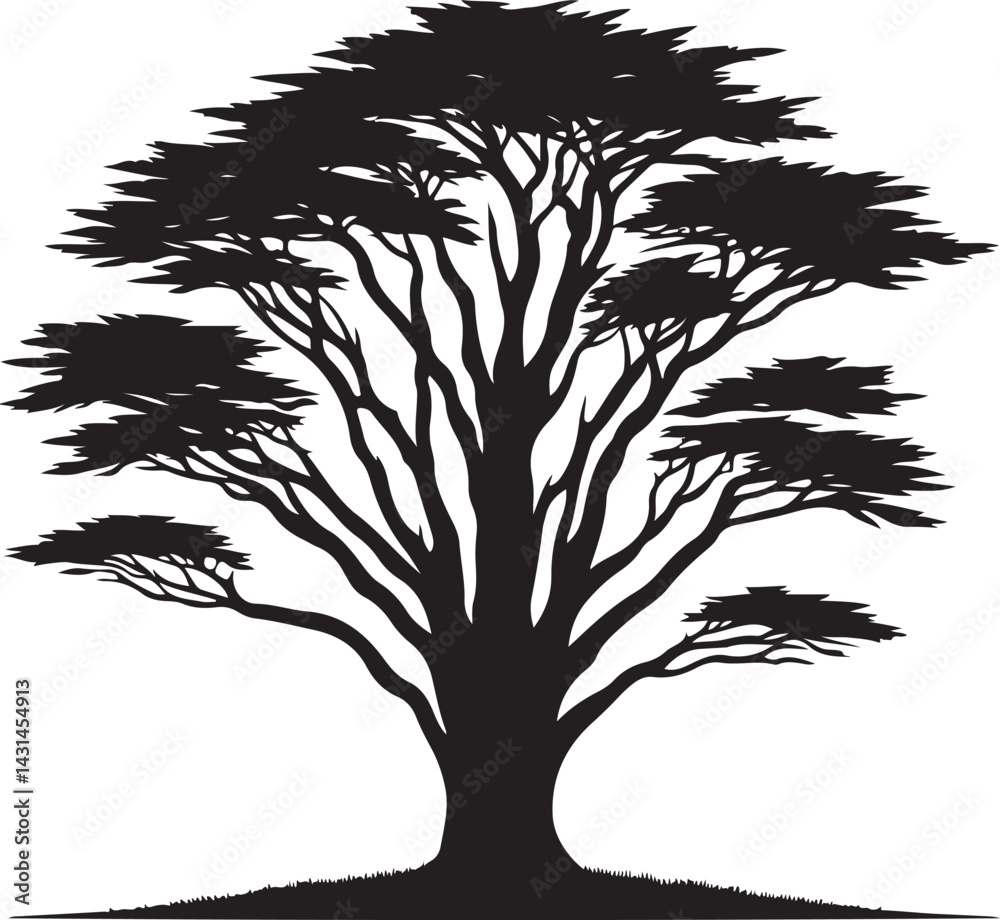 Obraz premium Lone Silhouette Tree on Hill Against White BackgroundBlack Silhouette of Sprawling Tree with Dense BranchesArtistic Silhouette of a Tree with Wide Canopy