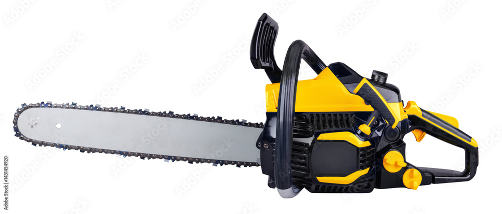 yellow black modern petrol engine chainsaw isolated white background. garden and forest working concept