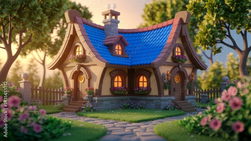 Fototapeta premium Charming Cartoon Cottage Surrounded by Lush Gardens Animated Landscape Serene Environment Whimsical Viewpoint