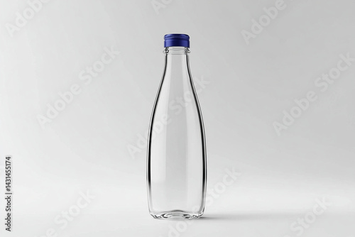 Clear bottle filled with water positioned against a plain background showing its shape and blue cap