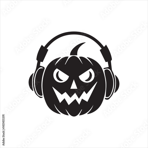A jack o lantern with headphone listening to spoof silhouette vector illustration