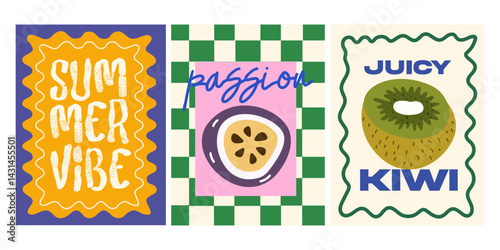 Abstract summer posters in retro cartoon style. Decor for wallpaper, walls and postcards. Design elements for home decor, greeting card. Seagull, cactus, surfing, kiwi, passion fruit