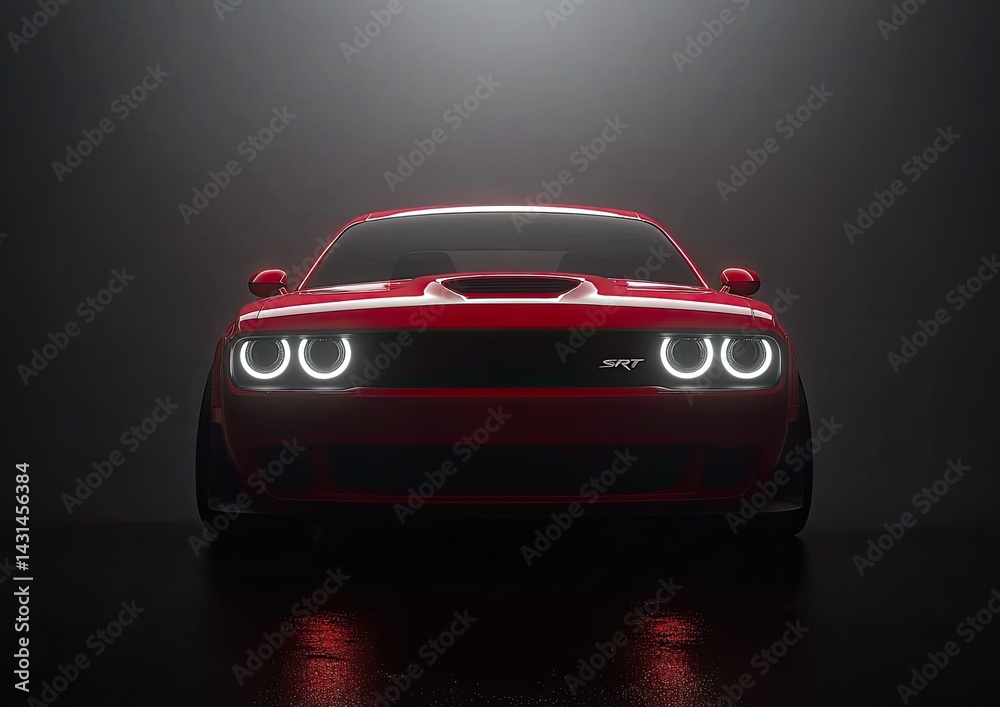 Sleek red muscle car, front view, dramatic lighting Sleek red muscle car, front view, dramatic lighting