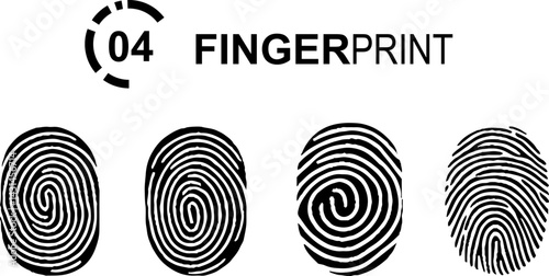 Collection of 4 black fingerprint isolated on transparent background. Vector illustration.