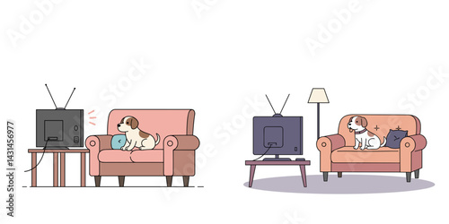 Dog watching TV on a couch on white background. Concept of home comfort and entertainment for animals