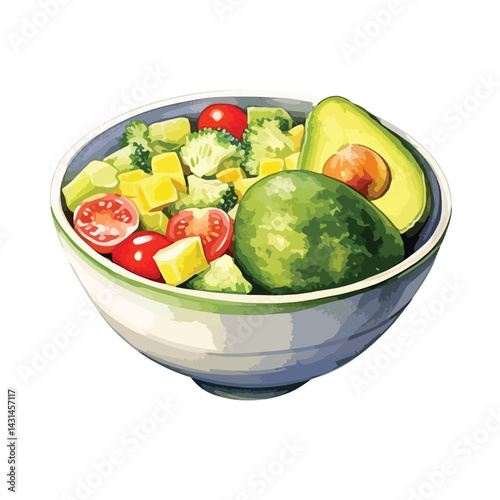 bowl of guacamole with chips cute watercolors illustration on white background