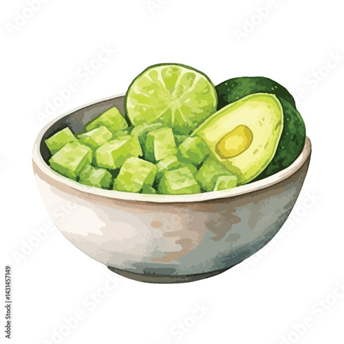 bowl of guacamole with chips cute watercolors illustration on white background