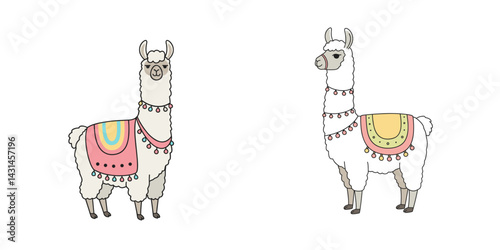 Llama with colorful blankets on white background. South American culture, traditions and travel concept. International Llama Day, South American Culture Week