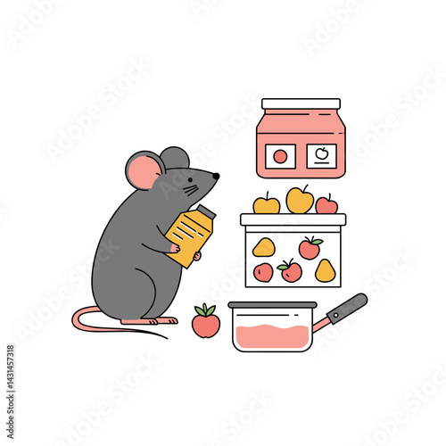 Mouse in a Pantry on white background. Animal behavior, curiosity and mischief concept