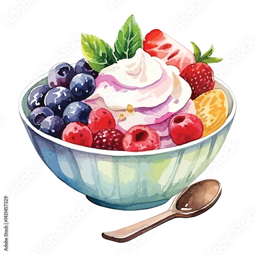 bowl of ice cream with sprinkles cute watercolors illustration on white background