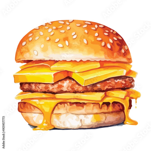 cheeseburger with pickles and ketchup cute watercolors illustration on white background