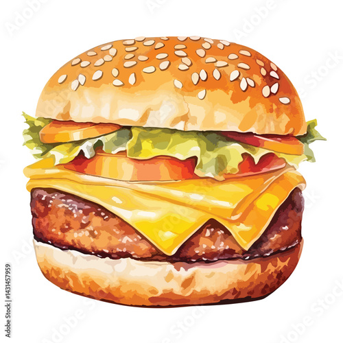 cheeseburger with pickles and ketchup cute watercolors illustration on white background